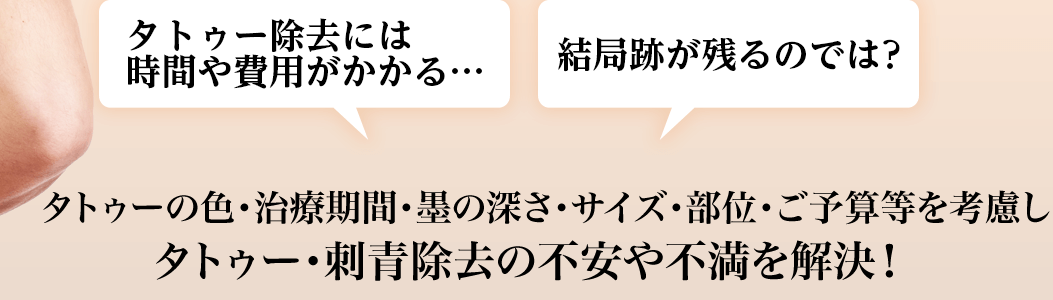 「タトゥー除去には時間や費用がかかる…」「結局跡が残るのでは？」経験豊富なドクターと新技術の導入でタトゥー・刺青除去の不安や不満を解決！